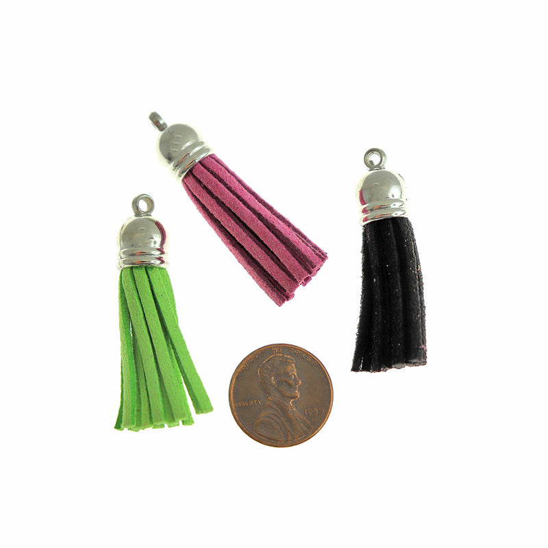 Faux Suede Tassels - Assorted Rainbow and Silver Tone - 5 Pieces - Z083
