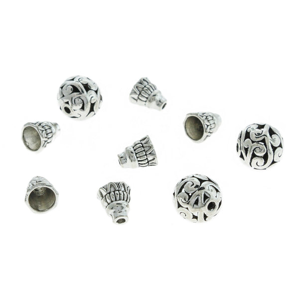 Antique Silver Tone Guru Beads 10mm - 2 Sets 4 Beads - SC1624