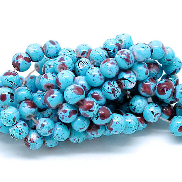 Round Glass Beads 6mm - Turquoise and Burgundy - 35 Beads - BD117