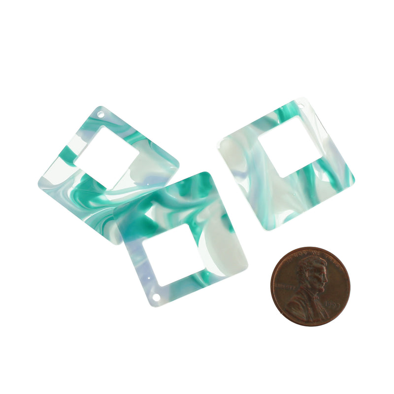 4 Turquoise Swirl Rhombus Resin Charms - K548