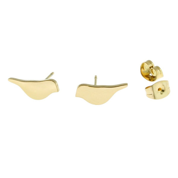 Gold Stainless Steel Earrings - Bird Studs - 12mm x 5mm - 2 Pieces 1 Pair - ER177