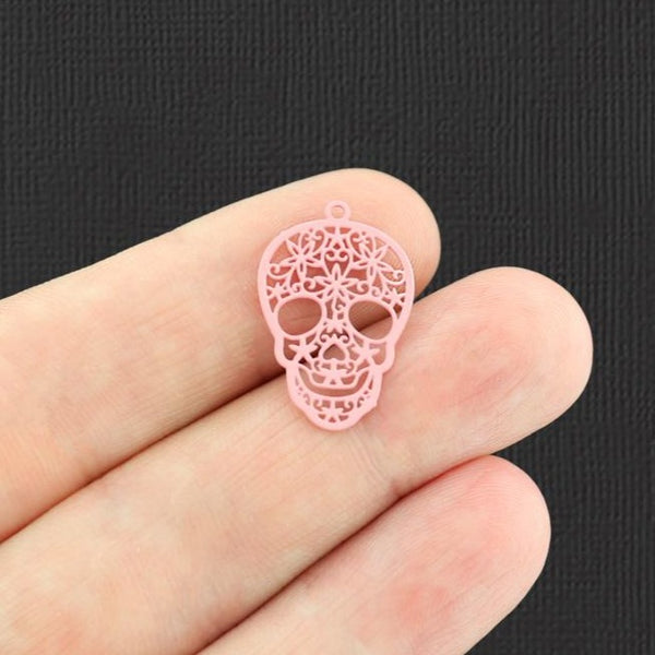 8 Filigree Skull Pink Enamel Stainless Steel Charms 2 Sided - SSP219