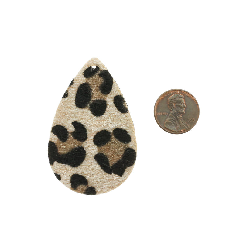 Imitation Leather Teardrop Pendants - Off White Leopard Print Fur - 4 Pieces - LP146