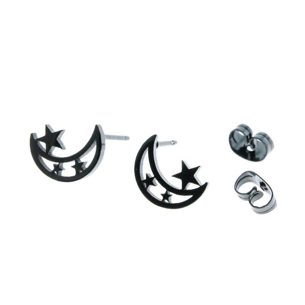 Gunmetal Black Stainless Steel Earrings - Crescent Moon Studs - 11mm x 8mm - 2 Pieces 1 Pair - ER008