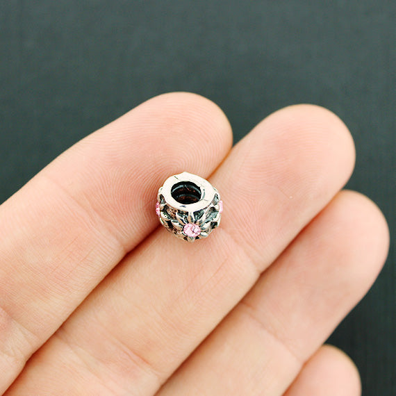 Floral Spacer Beads 10mm - Silver Tone With Inset Pink Rhinestones - 4 Beads - SC7794
