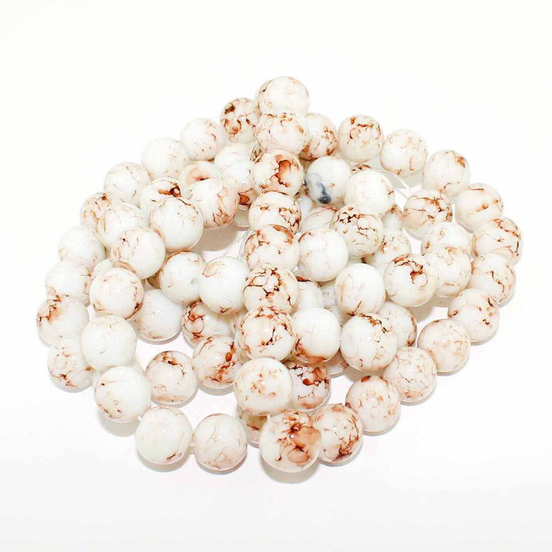 Perles de verre rondes 10 mm - Marrons terreux tourbillonnés et Ivoire doux - 1 brin 80 perles - BD218