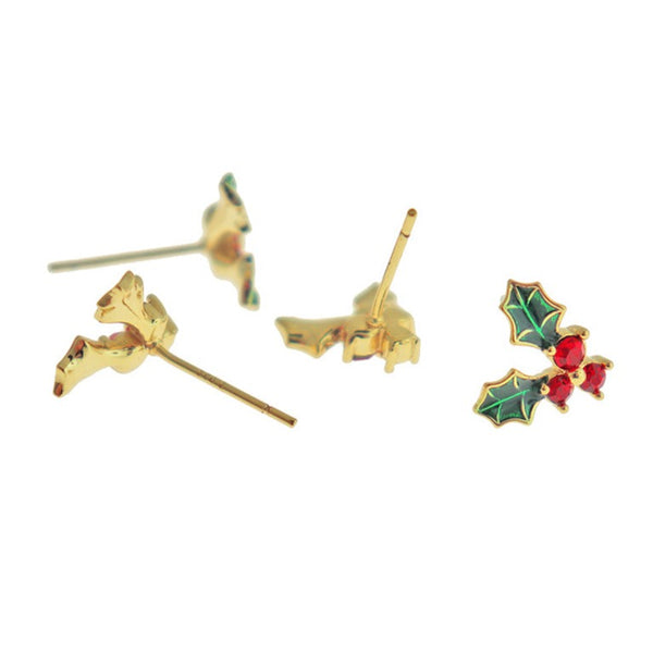 18K Gold Plated Earrings - Enamel Mistletoe Studs With Cubic Zirconia - 10.5mm x 9mm - 2 Pieces 1 Pair - ER070