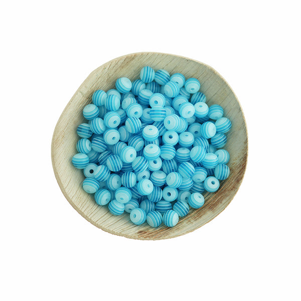 Perles Rondes en Résine 8mm - Rayure Bleu Ciel - 100 Perles - BD647