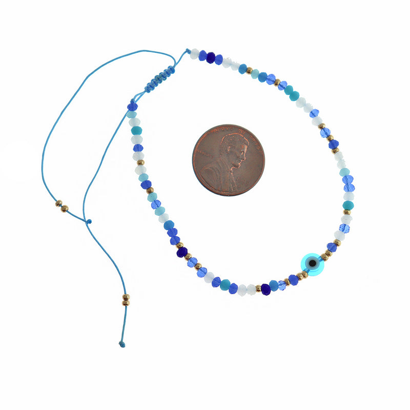 Base de bracelet de connecteur réglable en cordon de nylon bleu clair avec mauvais œil 3-7,5 "- 4 mm - 1 bracelet - N809