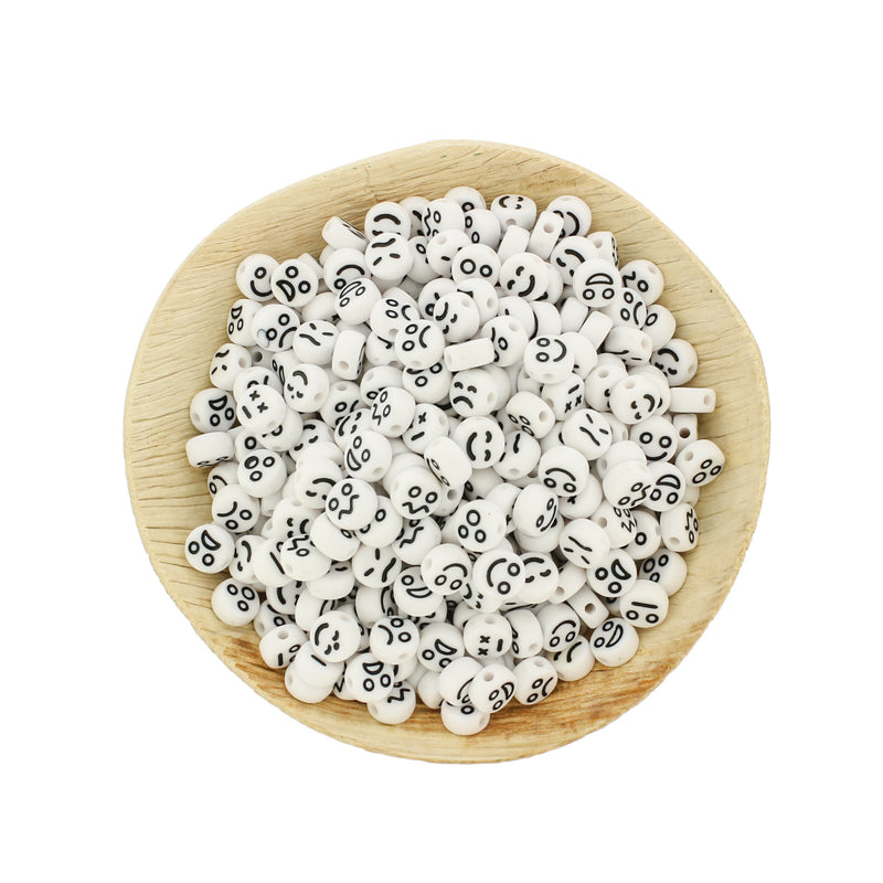 Flat Round Acrylic Beads 7mm x 4mm - Black and White Face Expression - 200 Beads - BD1443