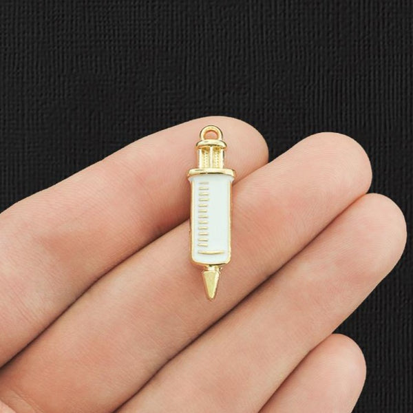 4 Medical Syringe Gold Tone Enamel Charms - E1173