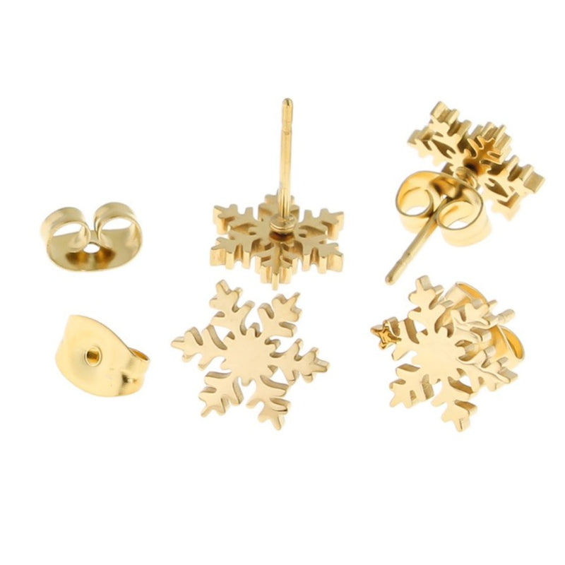 Gold Stainless Steel Earrings - Snowflake Studs - 10mm - 2 Pieces 1 Pair - ER410