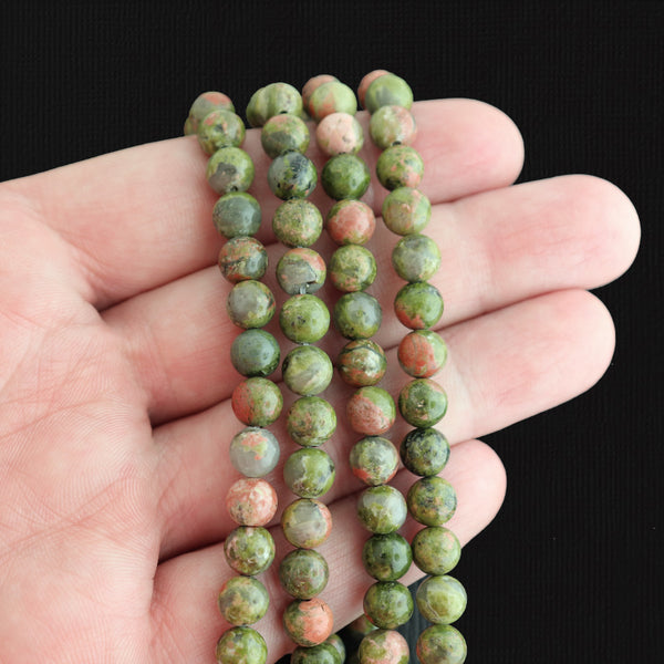 Round Natural Unakite Beads 6mm - Coral Pink and Olive Green - 1 Strand 60 Beads - BD1664