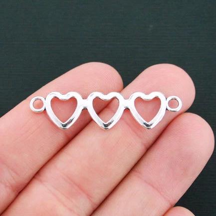 6 Heart Connector Antique Silver Tone Charms - SC4548