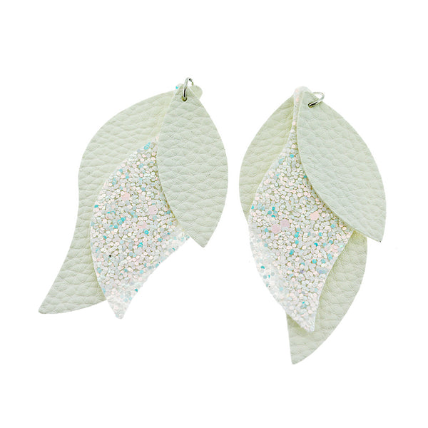 Imitation Leather Marquise Pendants - Pearl White Sequin Glitter - 1 Pair 2 Pieces - LP001