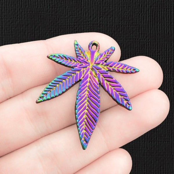 2 Weed Leaf Rainbow Electroplated Charms - E1395