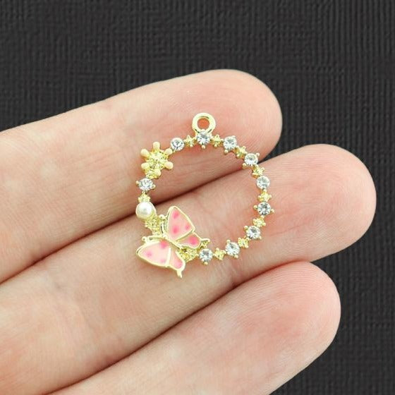 2 Butterfly Ring Gold Tone Enamel Charms With Inset Rhinestones - E1018