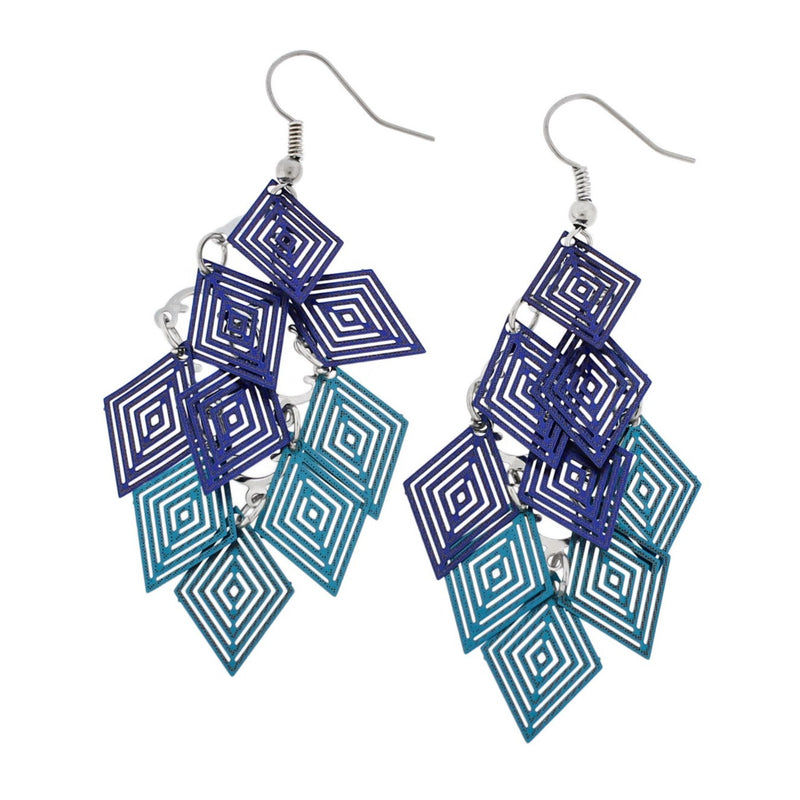 Blue Geometric Dangle Earrings - Stainless Steel French Hook Style - 2 Pieces 1 Pair - ER615