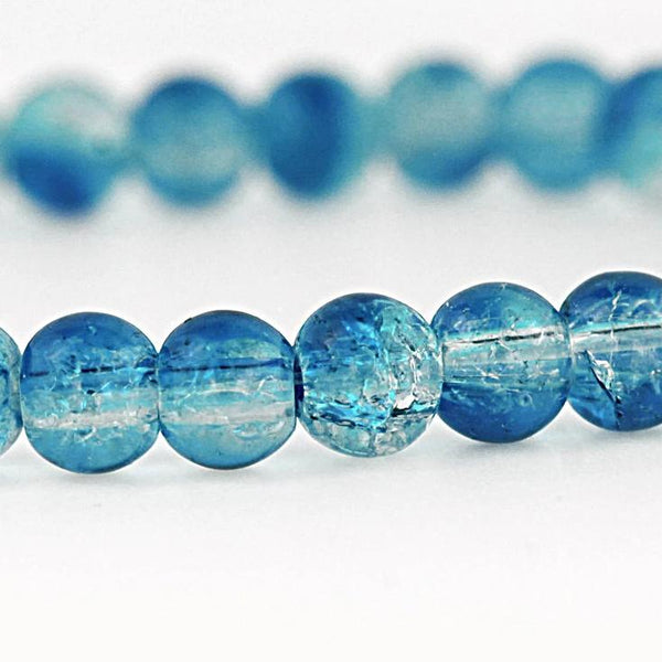 Round Glass Beads 6mm - Blue and Clear Crackle - 35 Beads - BD543