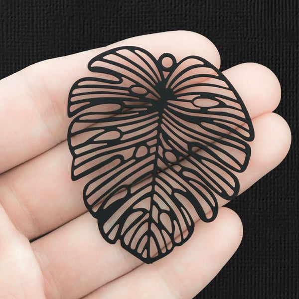 2 Filigree Tropical Leaf Black Enamel Charms 2 Sided - E1308