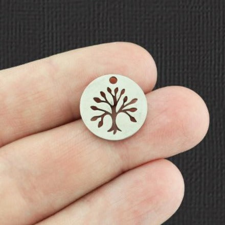 2 Tree Silver Tone Stainless Steel Charms 2 Sided - SSP111