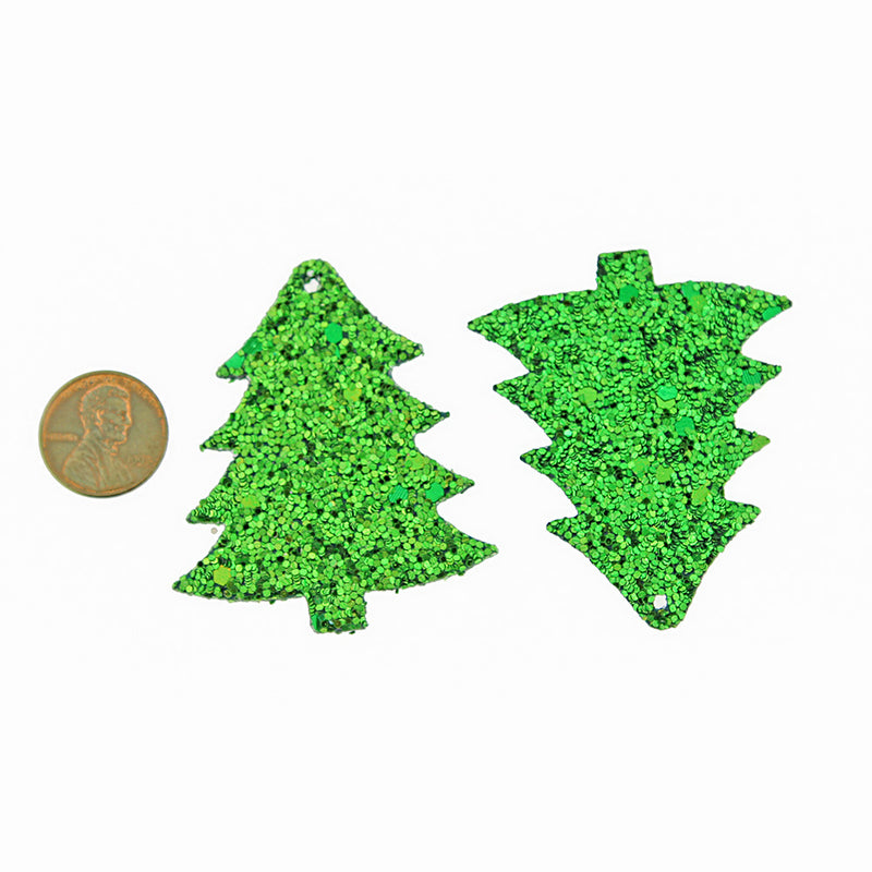 Imitation Leather Christmas Tree Pendants - Green Sequin Glitter - 4 Pieces - LP091