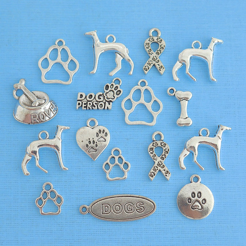 Deluxe Greyhound Rescue Charm Collection Antique Silver Tone 16 Charms - COL263