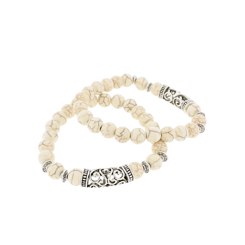 Bracelets de perles rondes en howlite blanche 56 mm - Bélière argentée antique - 5 bracelets - BB244