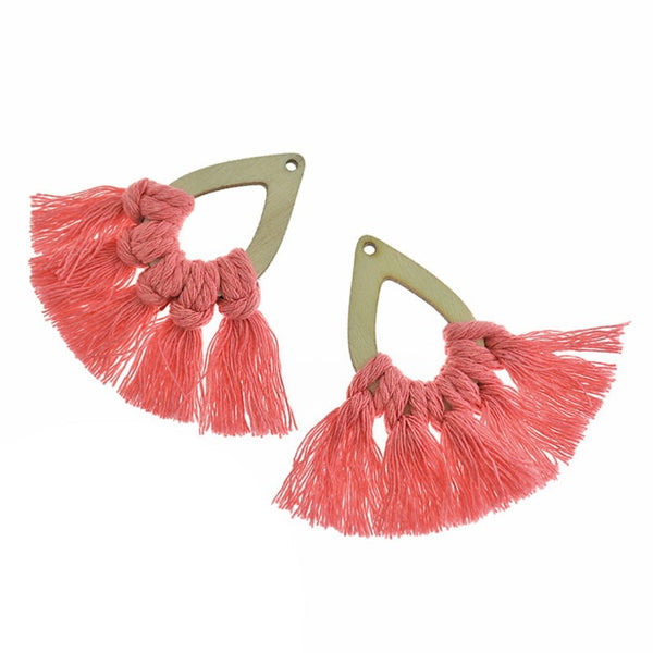 Fan Tassels - Natural Wood and Pink - 2 Pieces - TSP306