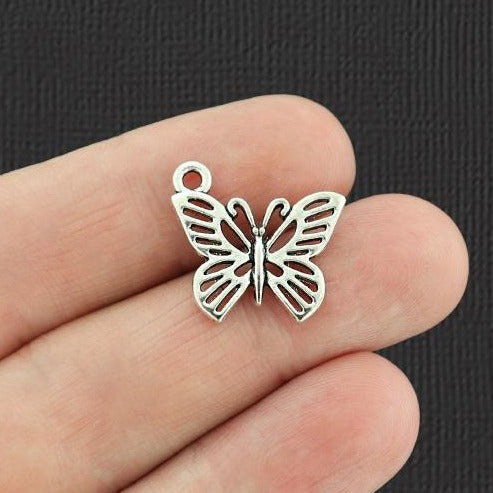 12 Butterfly Antique Silver Tone Charms 2 Sided - SC7564