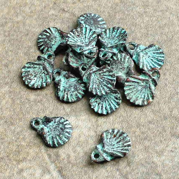 4 Seashell Antique Copper Tone Mykonos Charms with Green Patina - BC1505