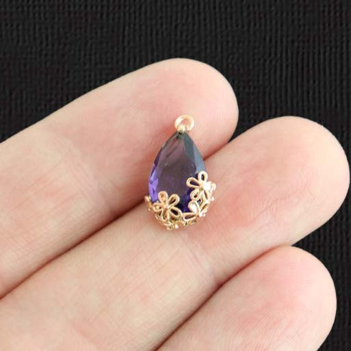 2 Purple Glass Pendant Gold Tone Charms - Z279