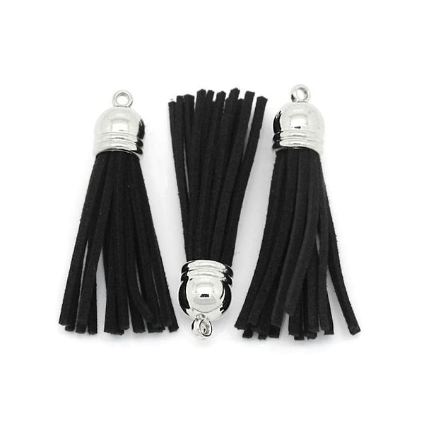 Faux Suede Tassels - Black and Silver Tone - 6 Pieces - TSP084