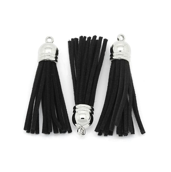 Pompons en Faux Daim - Ton Noir et Argent - 6 Pièces - TSP084