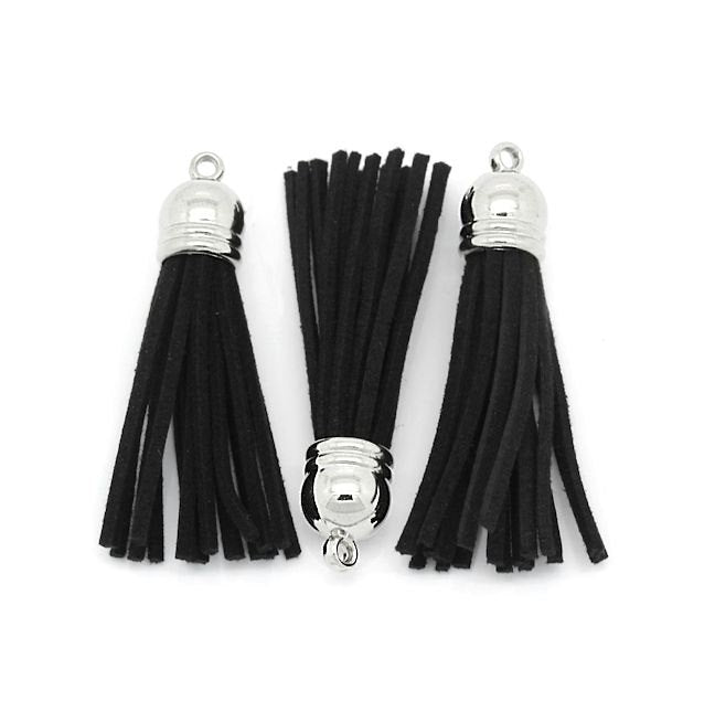 Faux Suede Tassels - Black and Silver Tone - 6 Pieces - TSP084