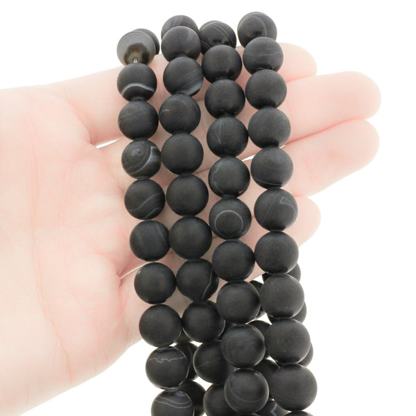 Perles rondes en agate naturelle 10 mm - Marbre noir givré - 1 brin 36 perles - BD1419