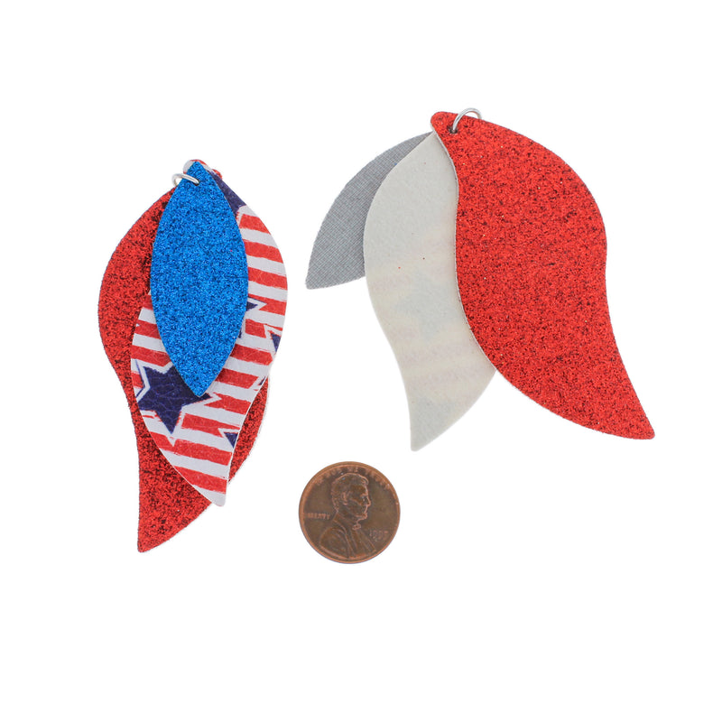 Imitation Leather Marquise Pendants - Glitter Patriotic Stars and Stripes - 1 Pair 2 Pieces - LP198