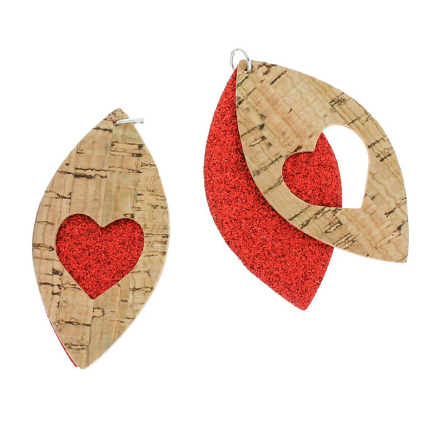 Pendentifs Simili Cuir - Cœur Pailleté Rouge Paillettes - 1 Paire 2 Pièces - LP167