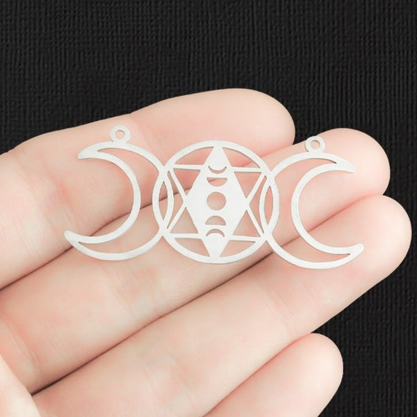 2 Crescent Moon Pentagram Stainless Steel Charms 2 Sided - SSP415