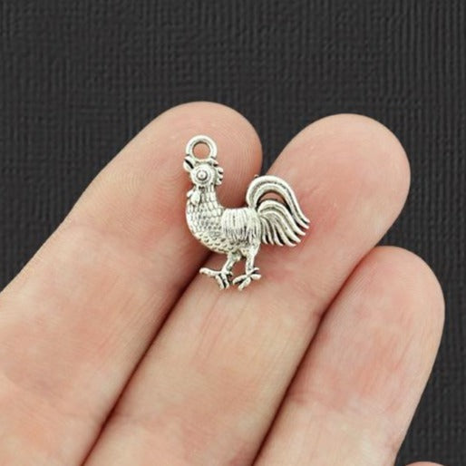8 Rooster Antique Silver Tone Charms 2 Sided - SC8061