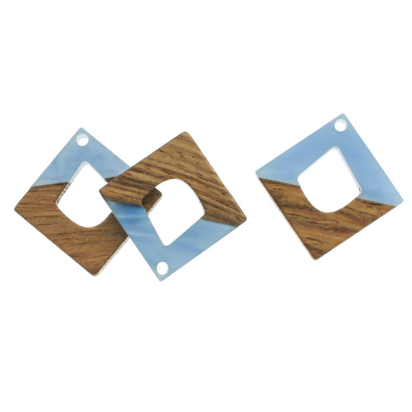 2 Rhombus Natural Wood and Blue Resin Charms 27mm - WP377