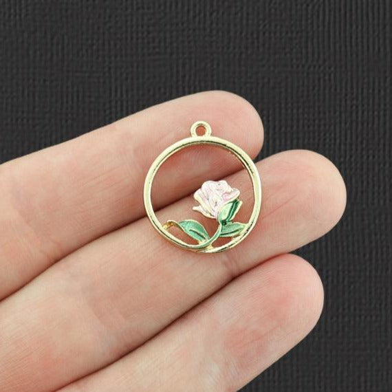 2 Rose Flower Gold Tone Enamel Charms - GC1089