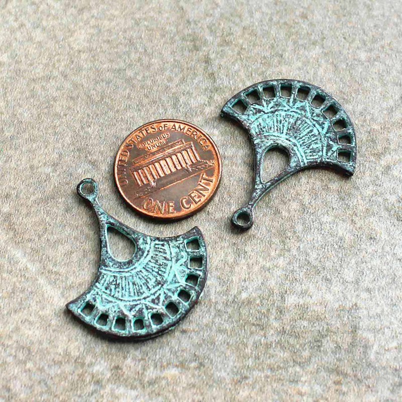 Fan Pendant Antique Copper Tone Mykonos Charms with Green Patina 2 Sided - BC1537