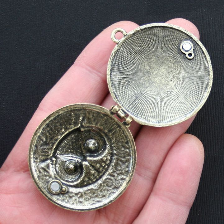 Owl Locket Antique Bronze Tone Charm With Inset Rhinestones - BC845