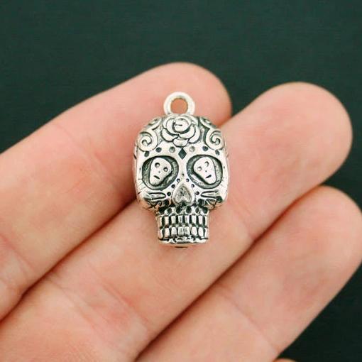 4 Floral Skull Antique Silver Tone Charms - SC6363