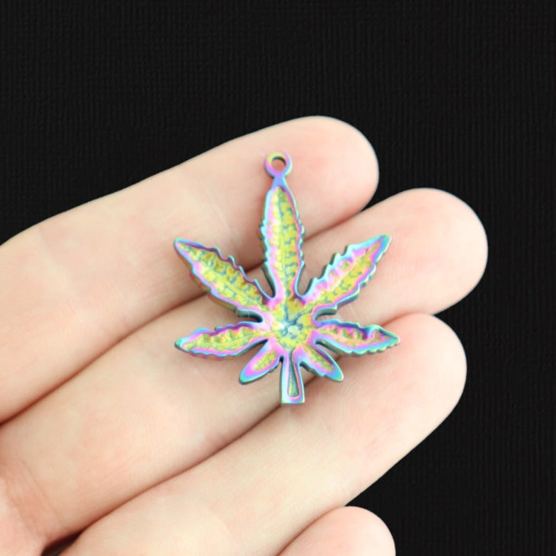 Weed Leaf Rainbow Electroplated Stainless Steel Charm - SSP556