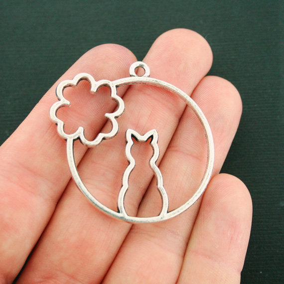4 Cat Clover Antique Silver Tone Charms 2 Sided - SC7594