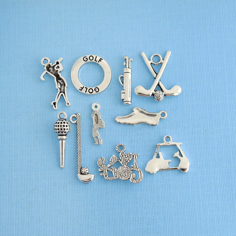 Golf Charm Collection Antique Silver Tone 10 Charms - COL040