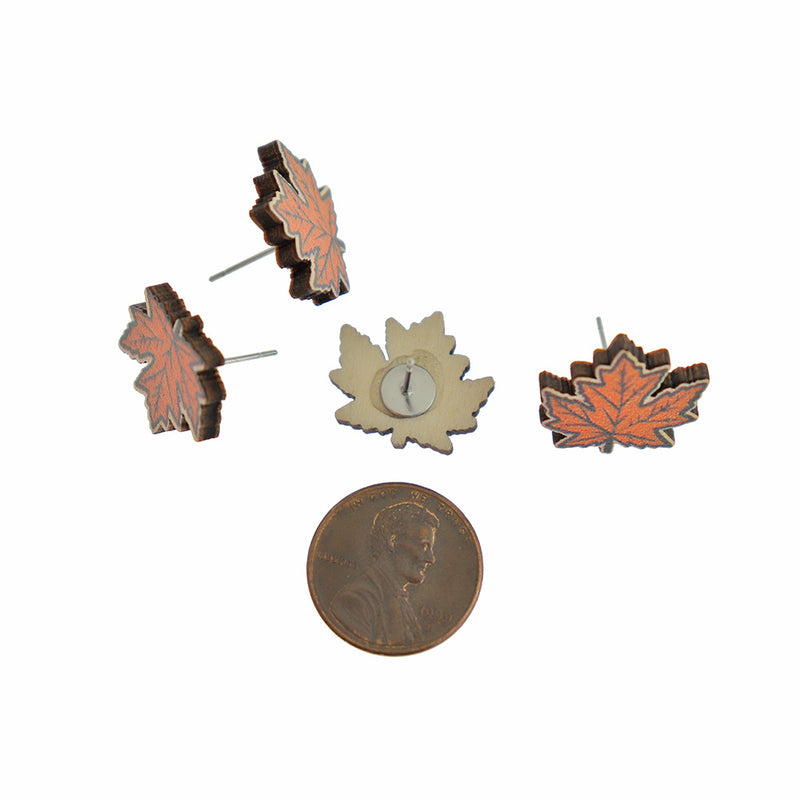 Wood Earrings - Orange Maple Leaf Studs - 18mm x 16mm - 2 Pieces 1 Pair - ER969