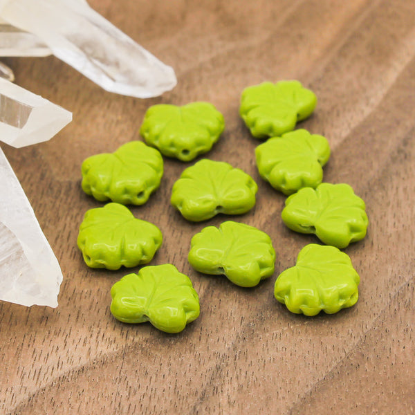 Maple Leaf Czech Pressed Glass Beads 13mm x 11mm - Polished Lime Green - 12 Beads - CB287